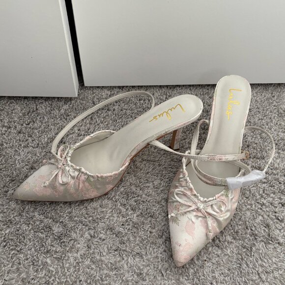 Issoria Gold Mix Floral Satin Bow Ankle Strap Pumps - Picture 4 of 4
